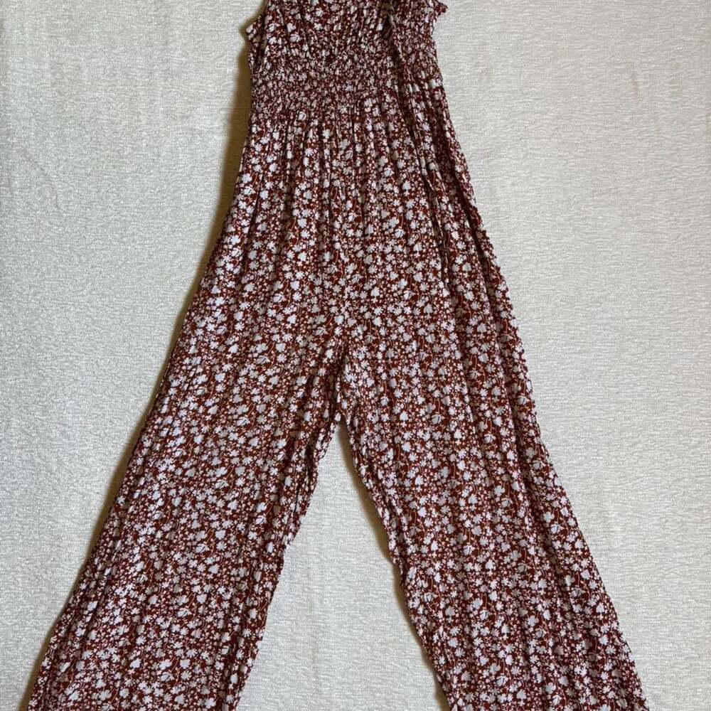 Floral Smocked Jumpsuit Rust Orange Adjustable Straps